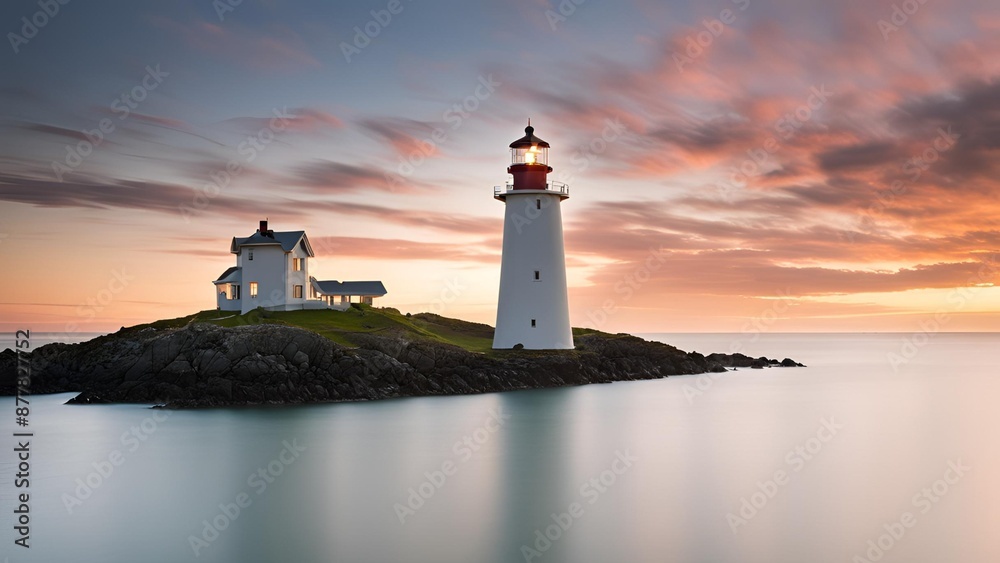 a lighthouse standing tall on a serene island, encircled by glistening waters a lighthouse standing tall on a serene island, encircled by glistening waters