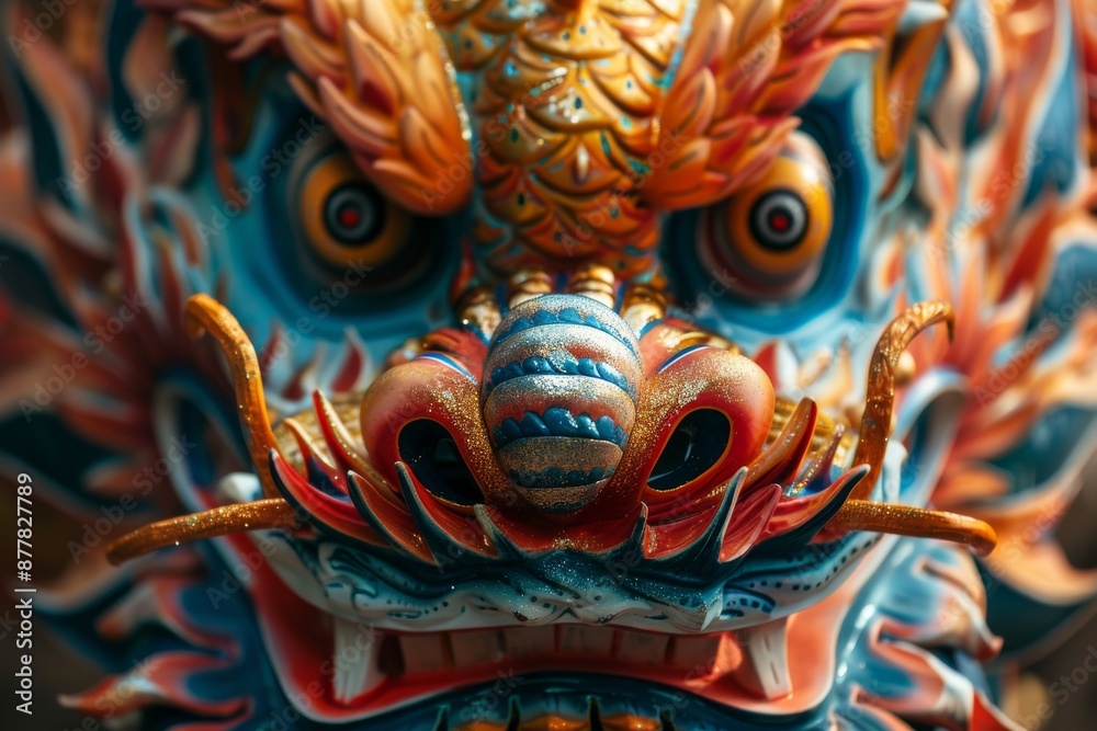 A close-up shot of a colorful dragon mask used in traditional dances, showcasing its intricate patterns and bright colors. chinese new year celebration A close-up shot of a colorful dragon mask used in traditional dances, showcasing its intricate patterns and bright colors. chinese new year celebration