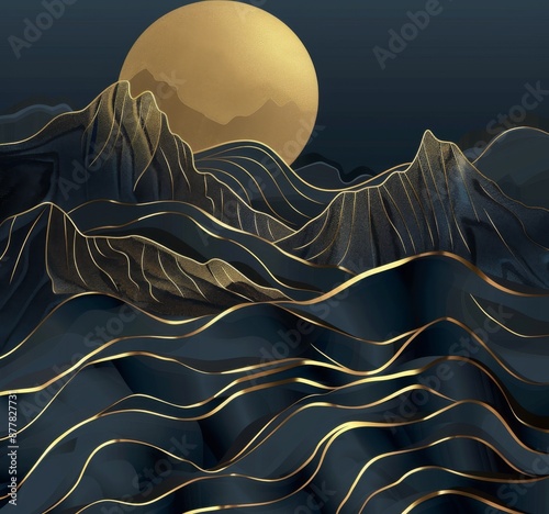 Elegant Mountain Abstraction: A Luxurious Golden Wallpaper Design for Cover Art, Invitations, and Wall Decor, Embellished by AI-Generated Illustrations photo