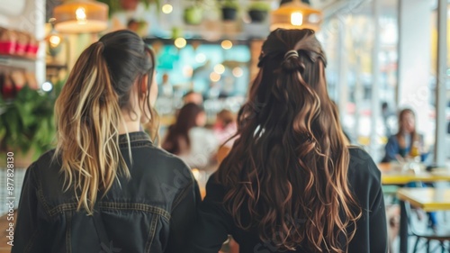 Two Friends in a Cozy Cafe with Warm Lights and Green Plants