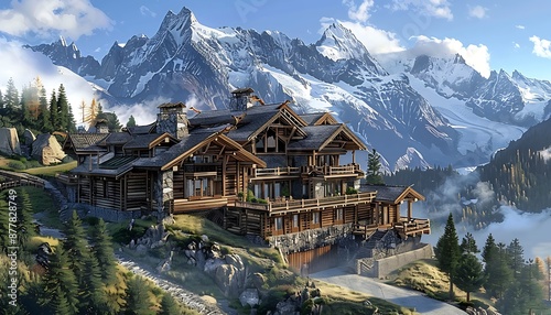 Majestic mountain lodge with timber construction and scenic surroundings © azlani art