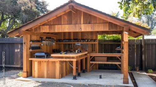 wooden Craftsman-style outdoor workshop with workbenches and tool storage, designed for DIY projects and crafts © Ramzan
