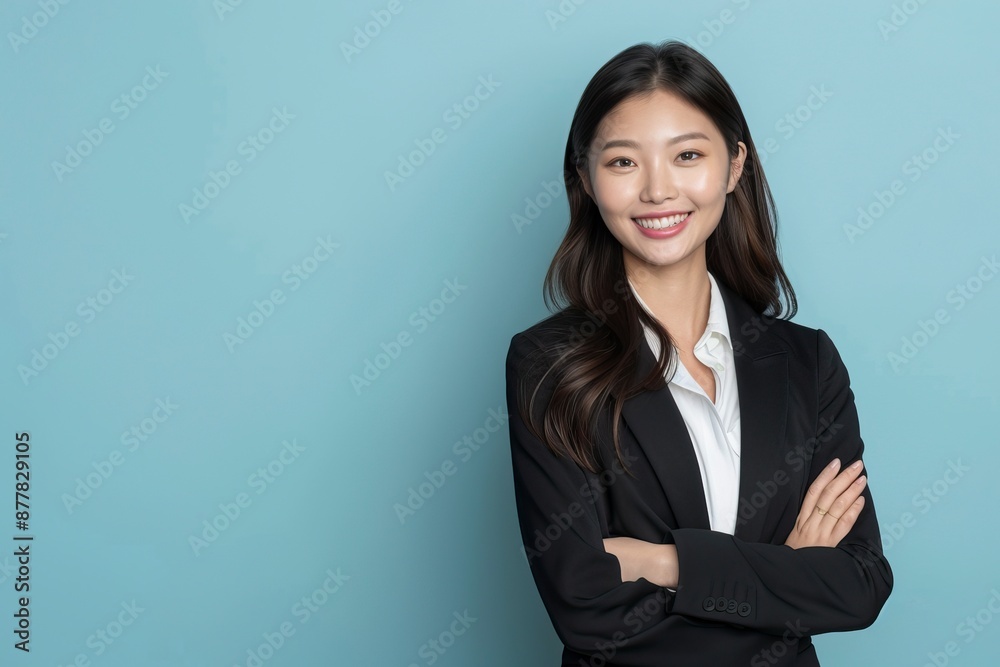 Young asian woman, professional entrepreneur standing in office clothing, smiling and looking confident, one color background - generative ai Young asian woman, professional entrepreneur standing in office clothing, smiling and looking confident, one color background - generative ai