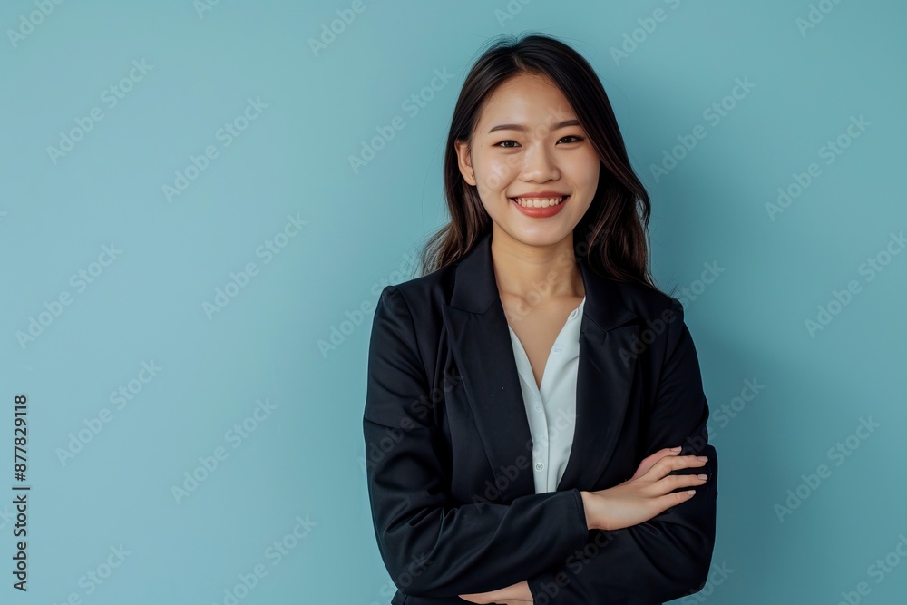 Young asian woman, professional entrepreneur standing in office clothing, smiling and looking confident, one color background - generative ai Young asian woman, professional entrepreneur standing in office clothing, smiling and looking confident, one color background - generative ai