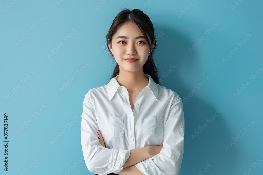 Young asian woman, professional entrepreneur standing in office clothing, smiling and looking confident, one color background - generative ai Young asian woman, professional entrepreneur standing in office clothing, smiling and looking confident, one color background - generative ai