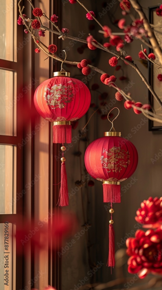 Red Chinese New Year decorations like lanterns and couplets hanging against a plain wall. chinese new year celebration Red Chinese New Year decorations like lanterns and couplets hanging against a plain wall. chinese new year celebration