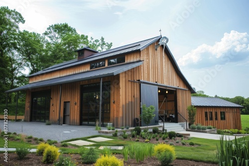 Rustic Wooden Barn with Metal Roof and Large Doors