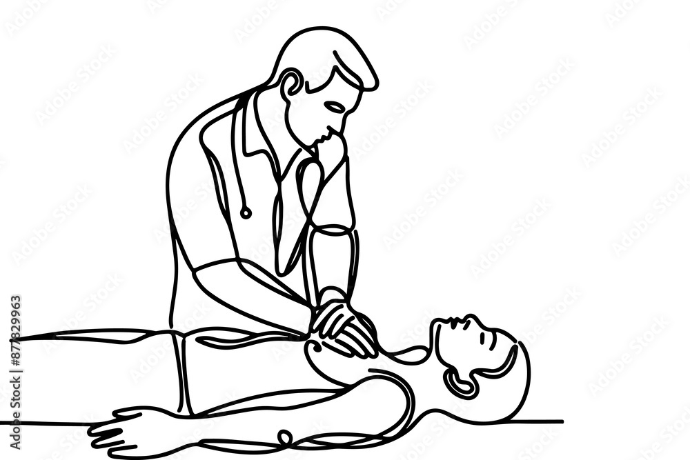 Continuous one black line drawing of CPR technique emergency and first aid class training Continuous one black line drawing of CPR technique emergency and first aid class training