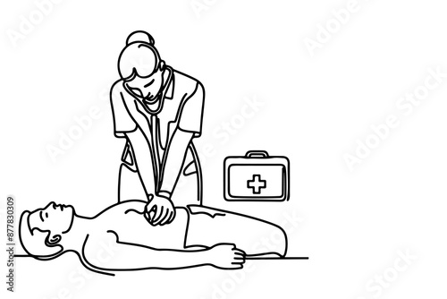 Continuous one black line drawing of CPR technique emergency and first aid class training