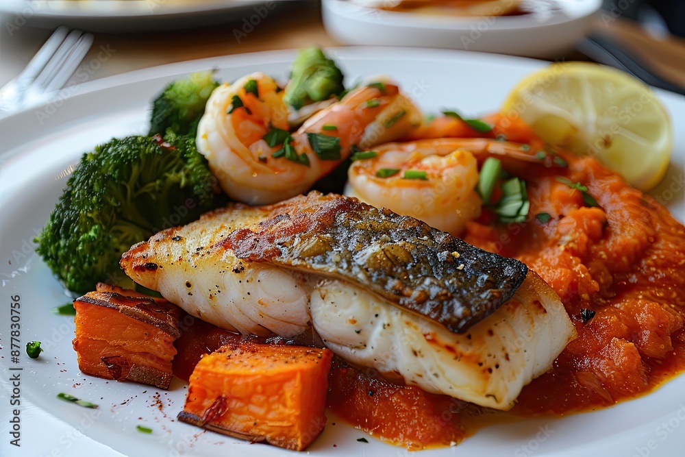 Scrumptious seafood dinner with roasted vegetables and lemon wedge Scrumptious seafood dinner with roasted vegetables and lemon wedge
