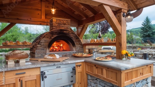 wooden Craftsman-style outdoor bread and pizza baking station, complete with a wood-fired oven and preparation counters, crafted to blend culinary arts with outdoor enjoyment © Ramzan
