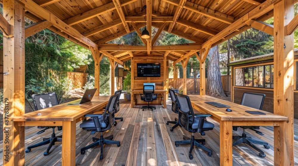 Fototapeta premium wooden Craftsman-style outdoor co-working space, equipped with high-speed internet, power outlets, and ergonomic furniture, blending productivity with the calming influence of nature
