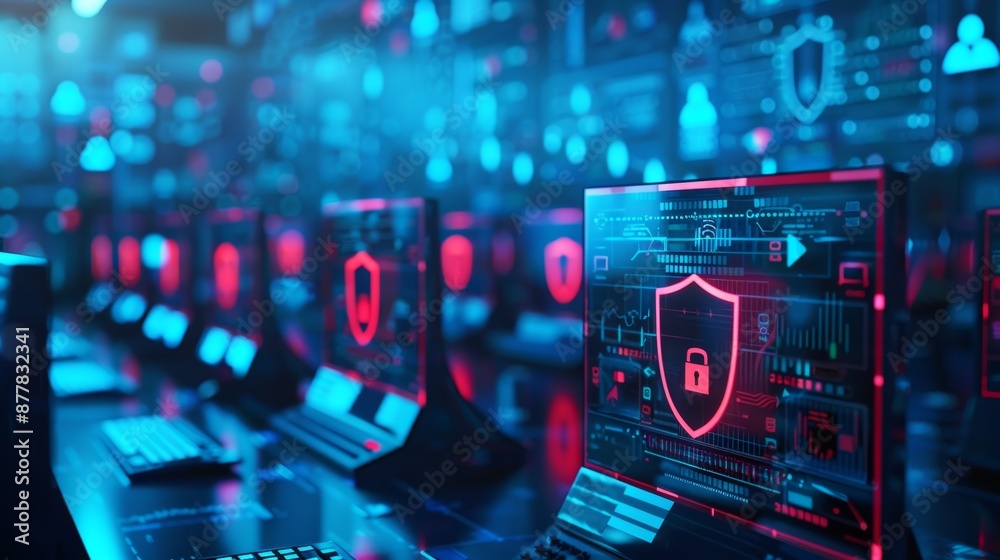 Obraz premium Computer network with Security shield icon, concept of digital security for online data protection, firewall or cyber attacks.