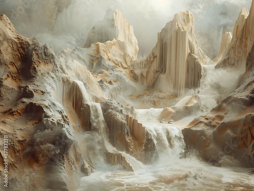 Alien landscape with rock formations and waterfalls photo