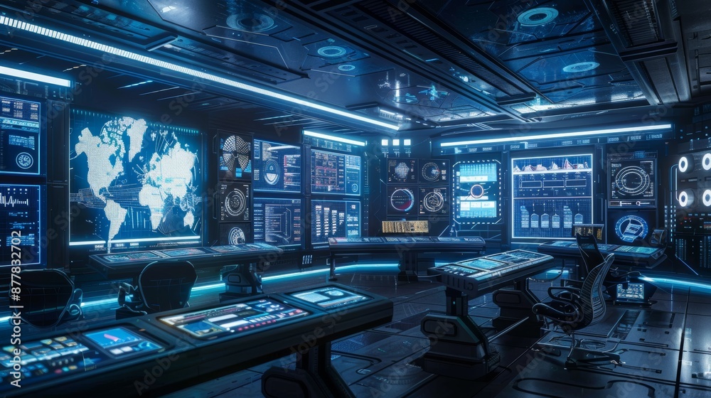 High-tech control room with screens displaying big data analytics. High-tech control room with screens displaying big data analytics.