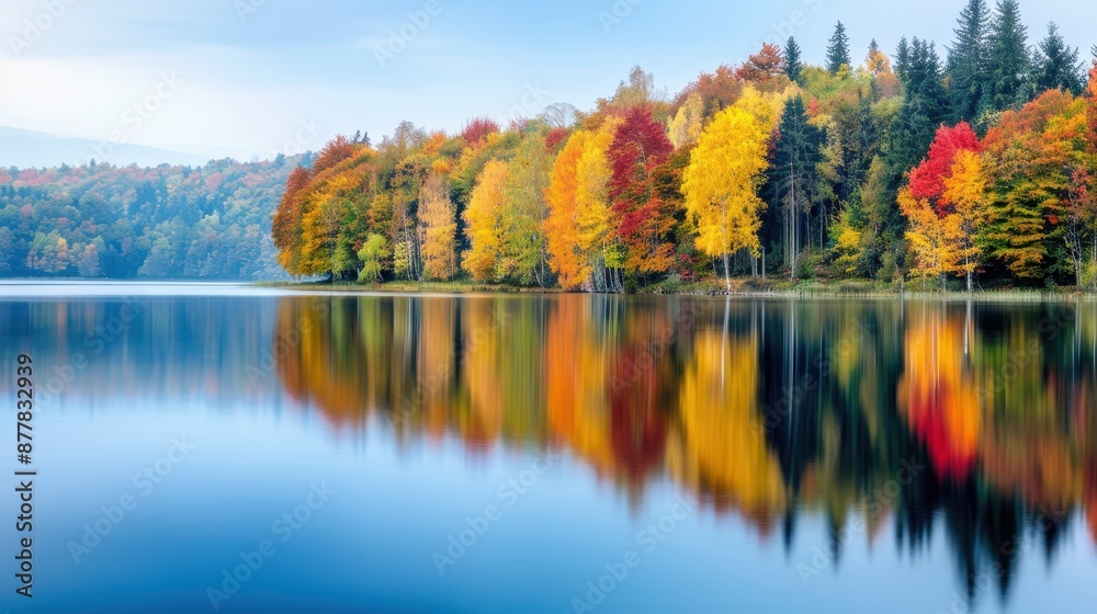 Serene autumn landscape with colorful trees reflecting in a calm lake, capturing the beauty of nature in the fall season.