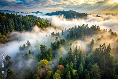 high angle shot of a foggy forest landscape, forest, shot, foggy photo