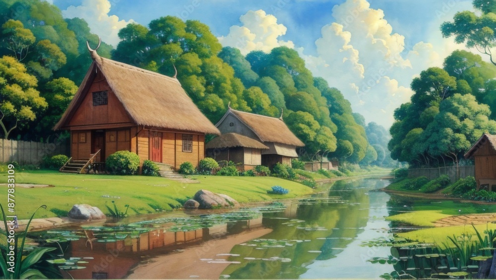 Obraz premium Landscape, oil painting on canvas, farmhouse painting, Log house. Cabin for camping. Holidays in the mountains with clouds. Beautiful forest nature. Country landscape. old rural house, Impasto artwork