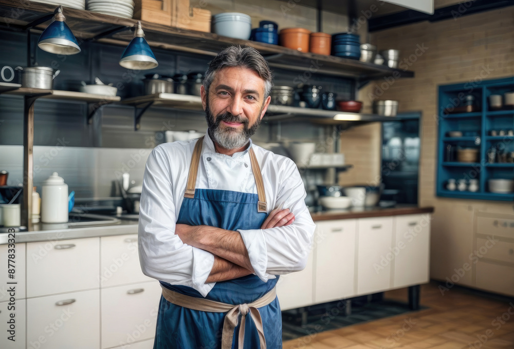 Man in a White Shirt and Blue Apron in the Cafe Kitchen Man in a White Shirt and Blue Apron in the Cafe Kitchen