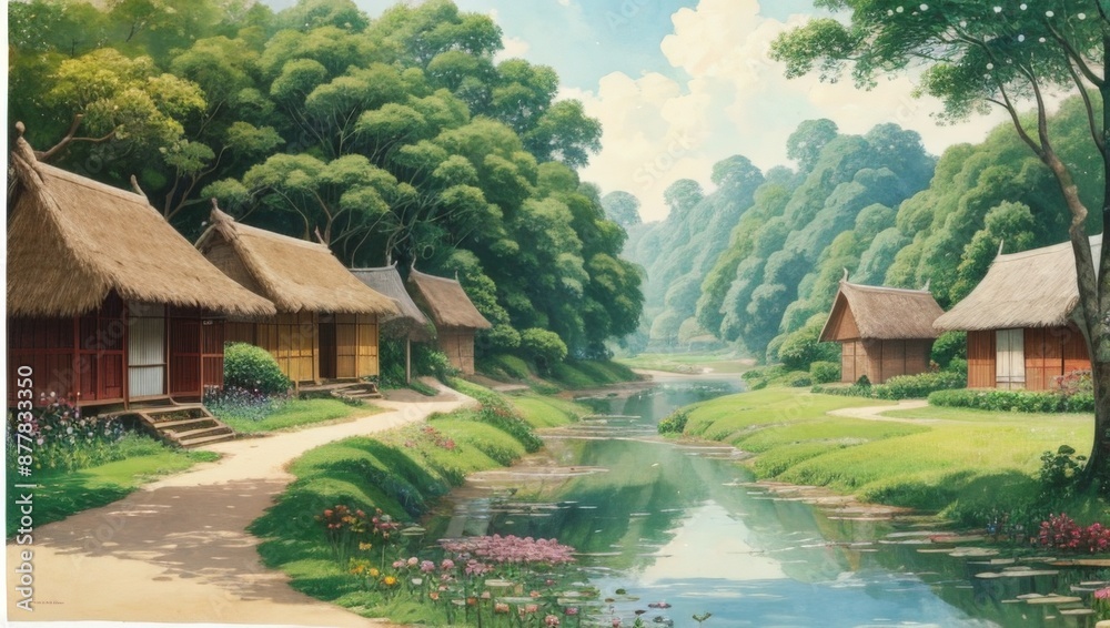 Landscape, oil painting on canvas, farmhouse painting, Log house. Cabin for camping. Holidays in the mountains with clouds. Beautiful forest nature. Country landscape. old rural house, Impasto artwork Landscape, oil painting on canvas, farmhouse painting, Log house. Cabin for camping. Holidays in the mountains with clouds. Beautiful forest nature. Country landscape. old rural house, Impasto artwork