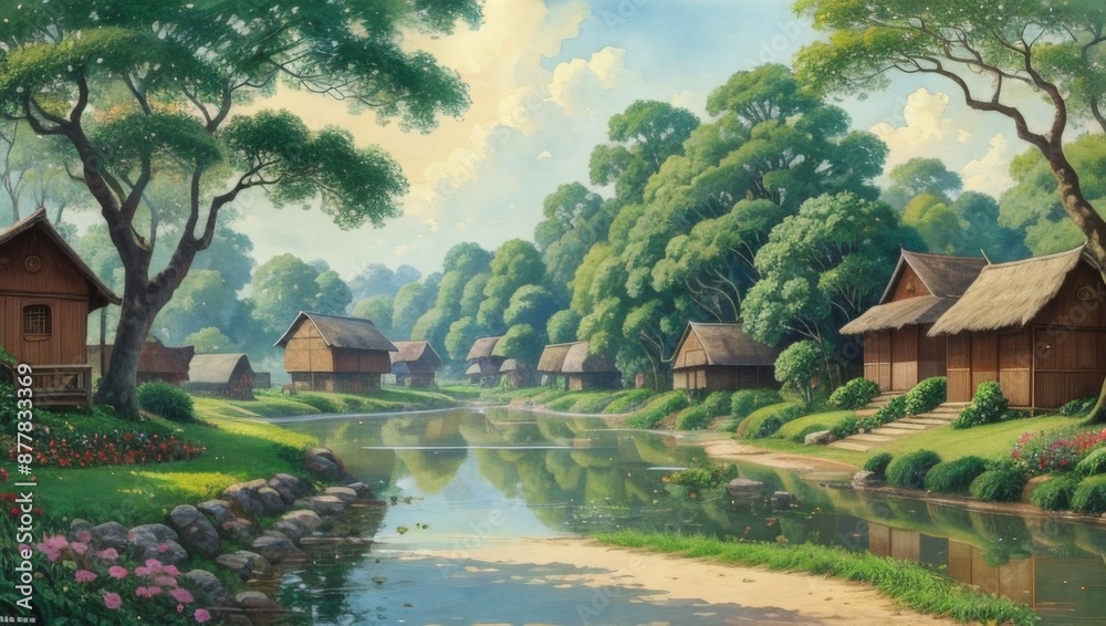 Obraz premium Landscape, oil painting on canvas, farmhouse painting, Log house. Cabin for camping. Holidays in the mountains with clouds. Beautiful forest nature. Country landscape. old rural house, Impasto artwork