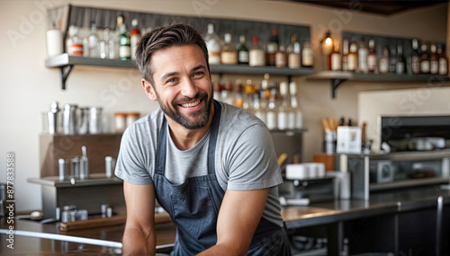 Smiling Bartender with Dark Hair and a Beard