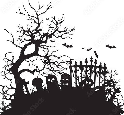 Halloween Graveyard Silhouette Vector Illustration White Background