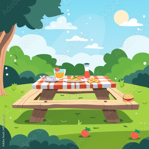 Abstract Picnic Table Delight: A Whimsical Illustration of a Cartoon-Style Picnic Setting, Perfect as a Playful Background for Art Enthusiasts photo