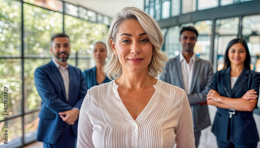 Blonde Woman in White Blouse Leading Business Group Blonde Woman in White Blouse Leading Business Group