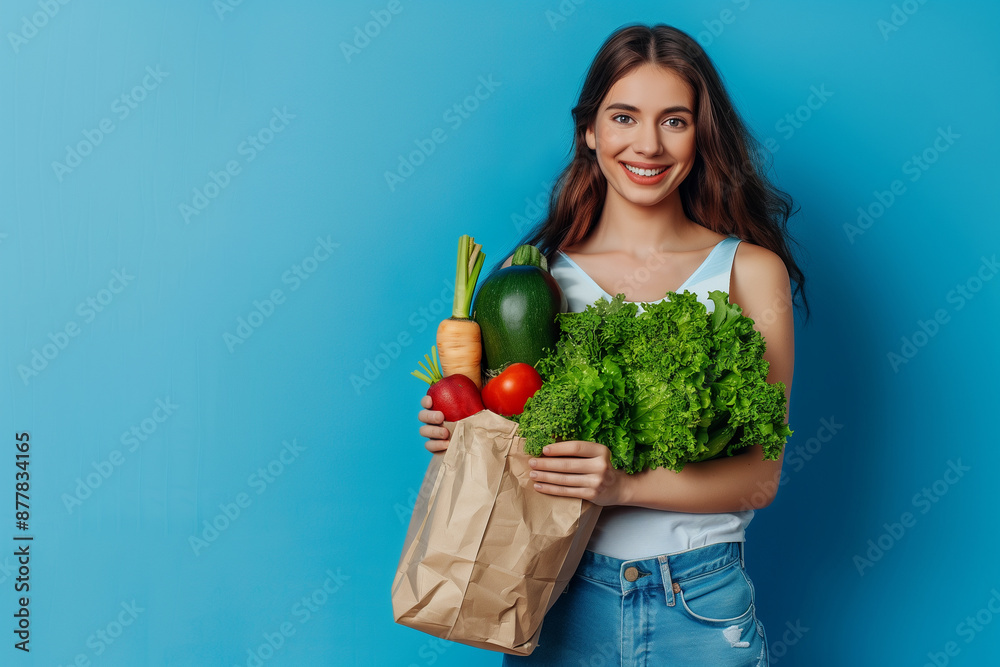 Woman holding paper bag with vegetables and fruits. Woman holding paper bag with vegetables and fruits.