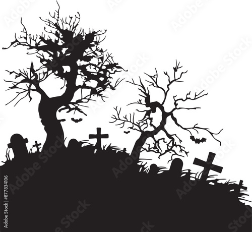 Halloween Graveyard Silhouette Vector Illustration White Background