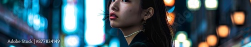 Elegance Under the Stars: A Beautiful Japanese Fashion Model in Luxurious Haute Couture Graces the Nighttime Streets photo