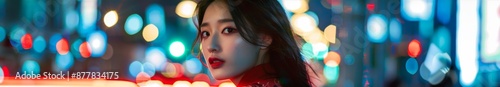Elegance Under the Stars: A Beautiful Japanese Fashion Model in Luxurious Haute Couture Graces the Nighttime Streets photo