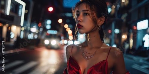 Elegance Under the Stars: A Beautiful Japanese Fashion Model in Luxurious Haute Couture Graces the Nighttime Streets photo