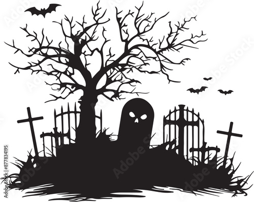 Halloween Graveyard Silhouette Vector Illustration White Background