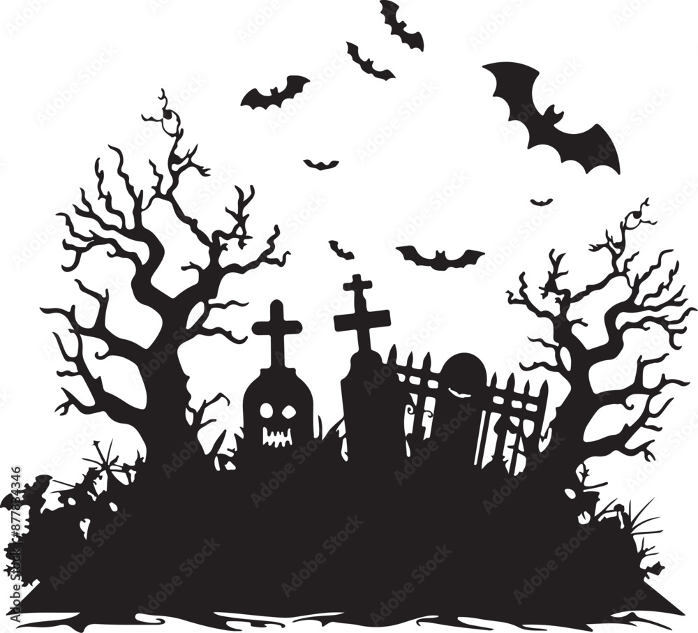 Halloween Graveyard Silhouette Vector Illustration White Background