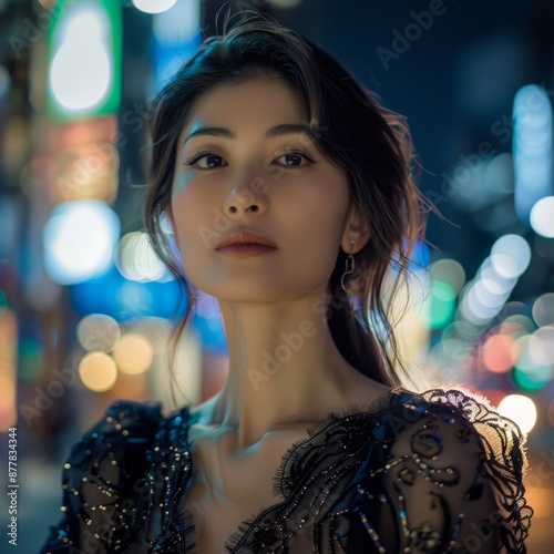 Elegance Under the Stars: A Beautiful Japanese Fashion Model in Luxurious Haute Couture Graces the Nighttime Streets photo