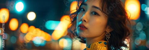 Elegance Under the Stars: A Beautiful Japanese Fashion Model in Luxurious Haute Couture Graces the Nighttime Streets photo