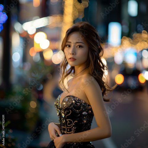 Elegance Under the Stars: A Beautiful Japanese Fashion Model in Luxurious Haute Couture Graces the Nighttime Streets photo