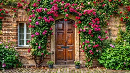 A Victorian style door surrounded by climbing roses and cobblestones , door, surrounded, style, Victorian