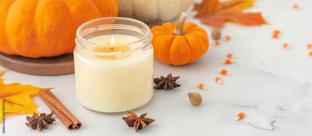 Autumn candle with pumpkins, spices, and candy corn on a marble background Autumn candle with pumpkins, spices, and candy corn on a marble background