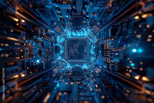 Abstract blue processor CPU circuit, close up view, innovative technology core, revealing the heart of modern computing photo