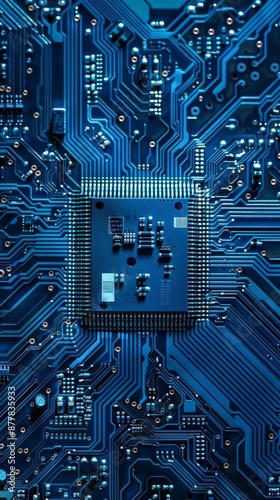 Abstract blue processor CPU circuit, close up view, innovative technology core, revealing the heart of modern computing photo