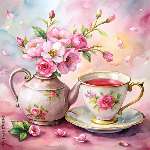 Teacup tea pot pink flowers rose and cherry blossom Watercolor, cherry, rose, Teacup, flowers