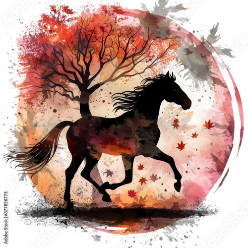 Abstract ink watercolor sketch of a stallion, rustic and elegant, embracing the primitive aesthetic of grunge art photo