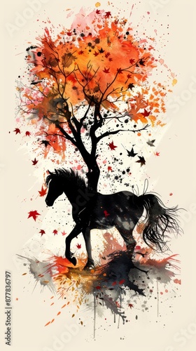 Abstract ink watercolor sketch of a stallion, rustic and elegant, embracing the primitive aesthetic of grunge art photo
