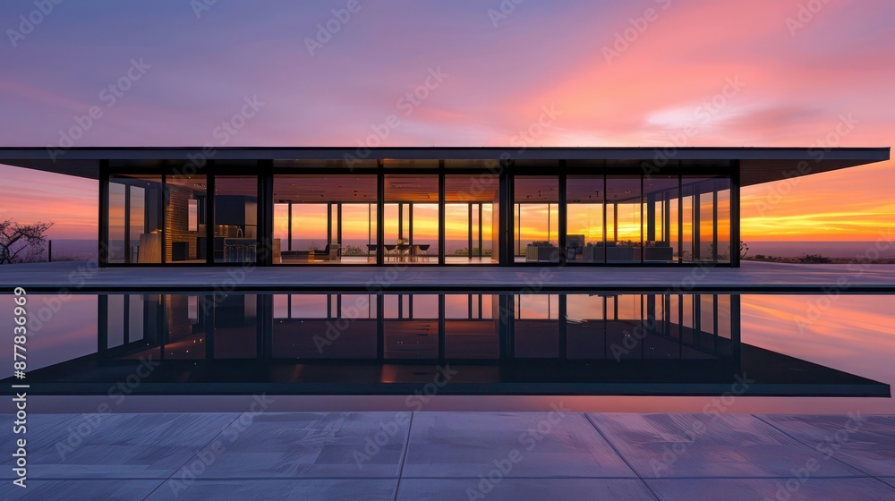 Minimalist ranch home with a flat roof and large, floor-to-ceiling windows reflecting the sunset Minimalist ranch home with a flat roof and large, floor-to-ceiling windows reflecting the sunset