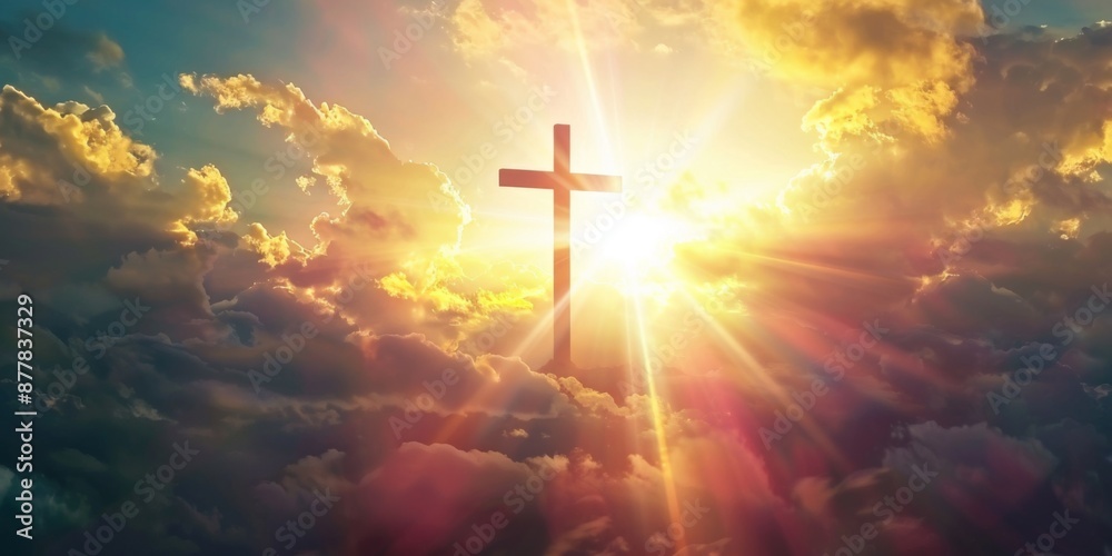 Fototapeta premium Abstract ethereal light of faith: Christian cross illuminated by the holy sun, symbol of hope and spiritual connection