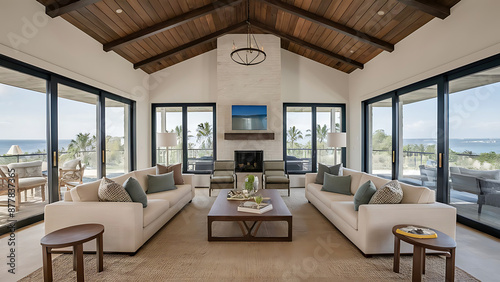 Stylish beachfront living room with minimalist interior and expansive ocean views, interior design photography © FTNGROUP