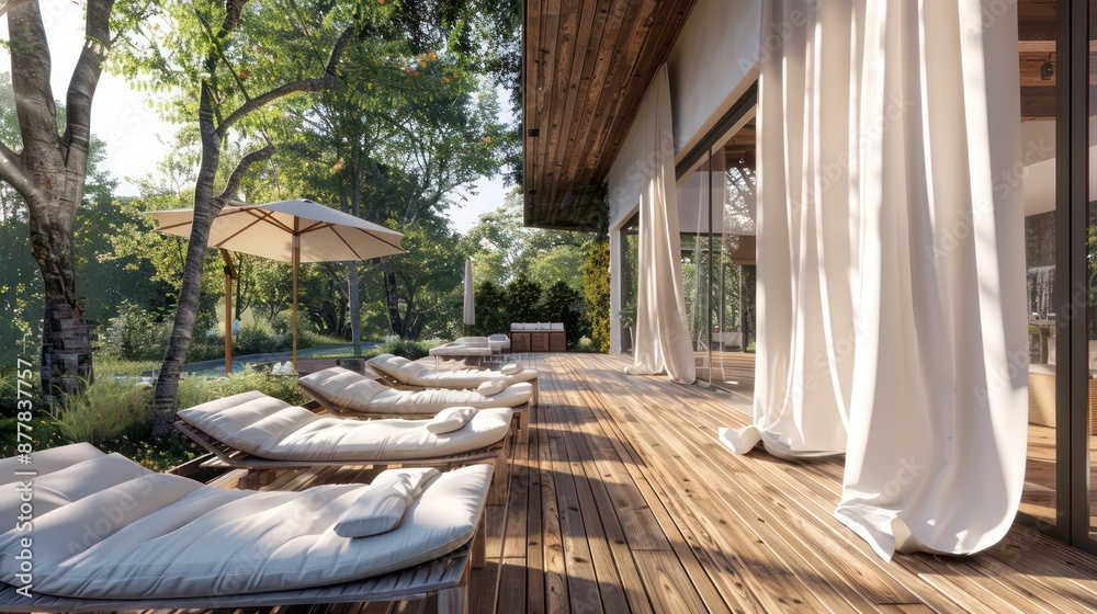 Modern ranch with a back deck designed for relaxation, featuring comfortable loungers and soft, outdoor drapery Modern ranch with a back deck designed for relaxation, featuring comfortable loungers and soft, outdoor drapery